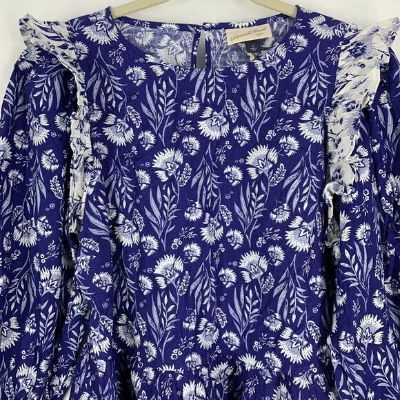 Universal Thread Blue Floral Print Puff 3/4 Sleeve Ruffle Top Blouse Size Small - Picture 6 of 8